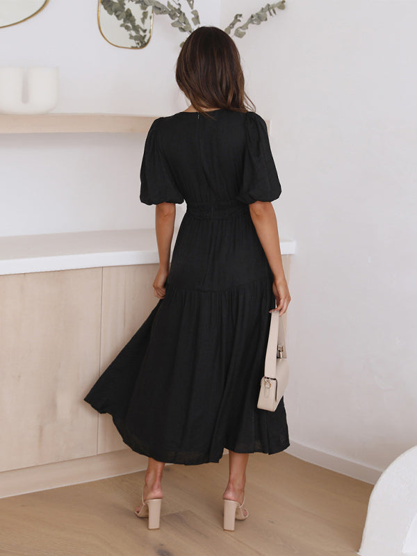 Holiday Deep V Puff Sleeve Maxi Dress – Graceful Spring-Summer Look