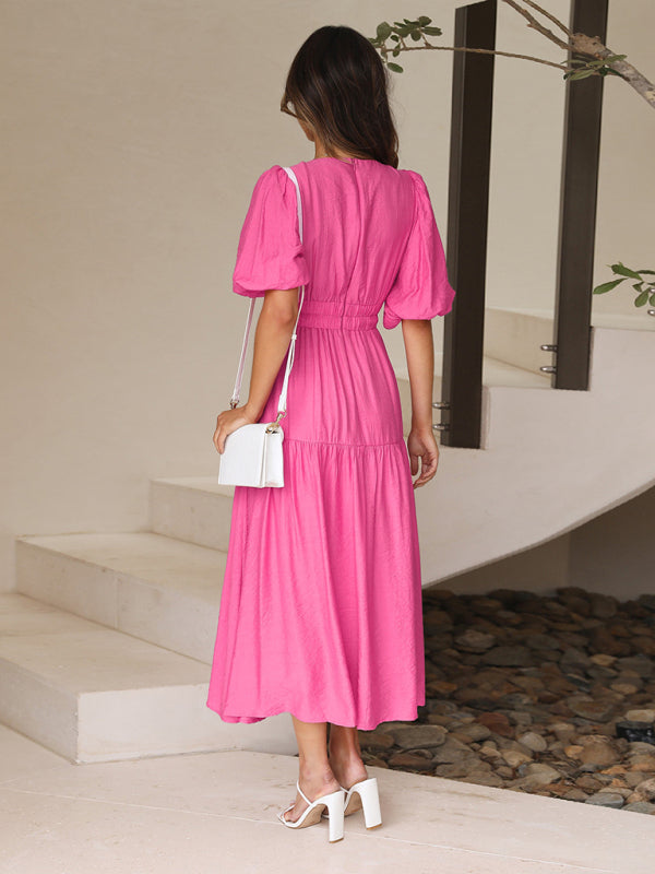 Holiday Deep V Puff Sleeve Maxi Dress – Graceful Spring-Summer Look