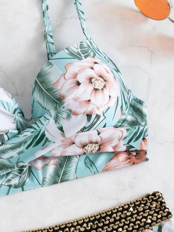 Floral Cross Bikini Set – High-Waisted, Lightly Padded & Boho-Inspired