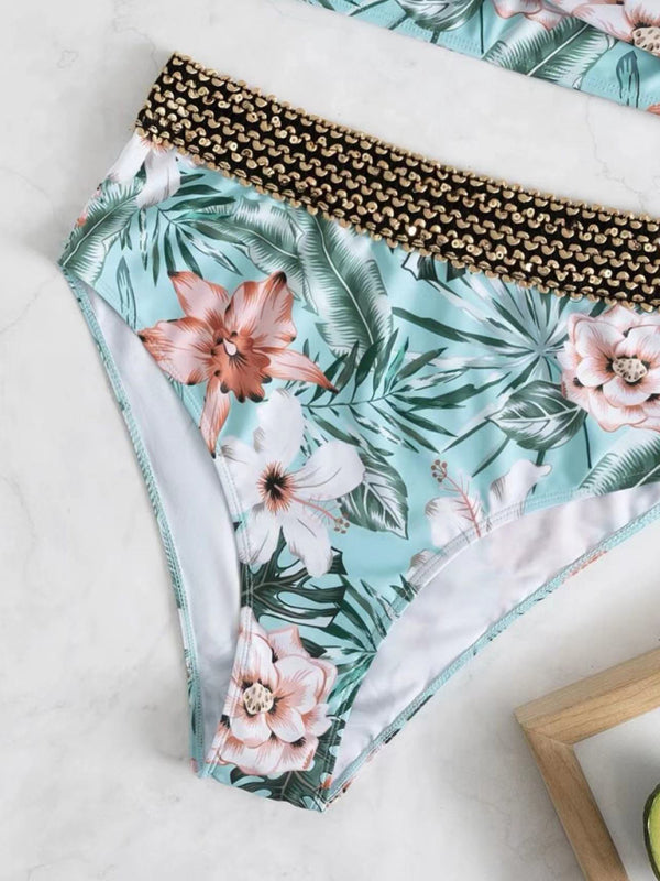 Floral Cross Bikini Set – High-Waisted, Lightly Padded & Boho-Inspired