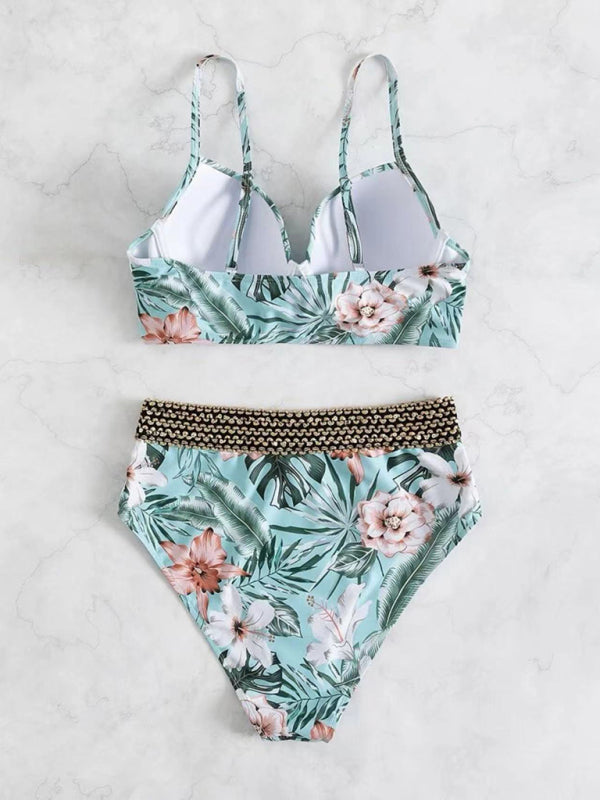 Floral Cross Bikini Set – High-Waisted, Lightly Padded & Boho-Inspired