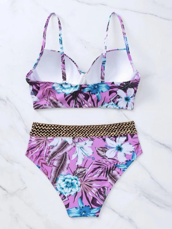 Floral Cross Bikini Set – High-Waisted, Lightly Padded & Boho-Inspired
