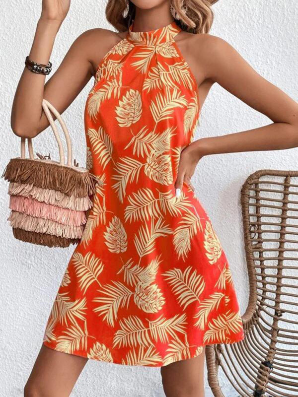 Woven Halter Leaf Print Sleeveless Dress – Flowy, Lightweight & Romantic Fit Orange