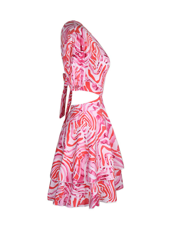 Backless Abstract Print Woven Dress – Tied Halter Neck, Romantic Fit