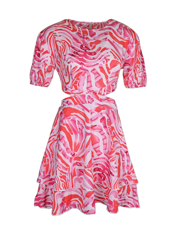 Backless Abstract Print Woven Dress – Tied Halter Neck, Romantic Fit
