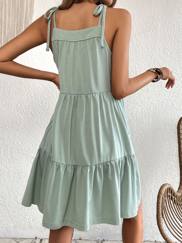 Mint Green Lace-Up Backless Dress – Bow Tie Detail & Knit Panel Skirt