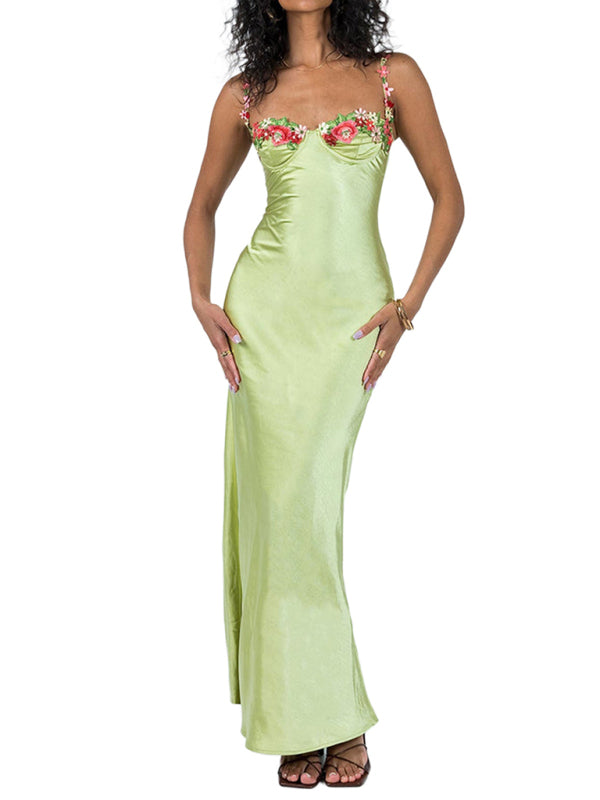 Fashion Sexy Embroidered Lace Camisole Solid Color Long Dress