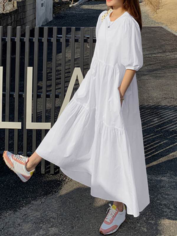 Elegant A-Line Midi Dress – Round Neck, Dropped Sleeves, Leisure Fit