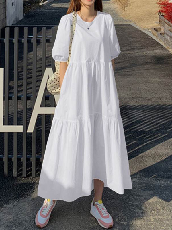 Elegant A-Line Midi Dress – Round Neck, Dropped Sleeves, Leisure Fit