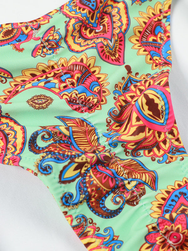 Backless Printed One-Piece Swimsuit – Three-Ring Detail, Boho Style