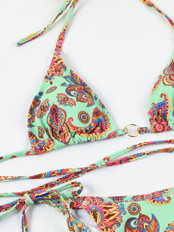 Backless Printed One-Piece Swimsuit – Three-Ring Detail, Boho Style