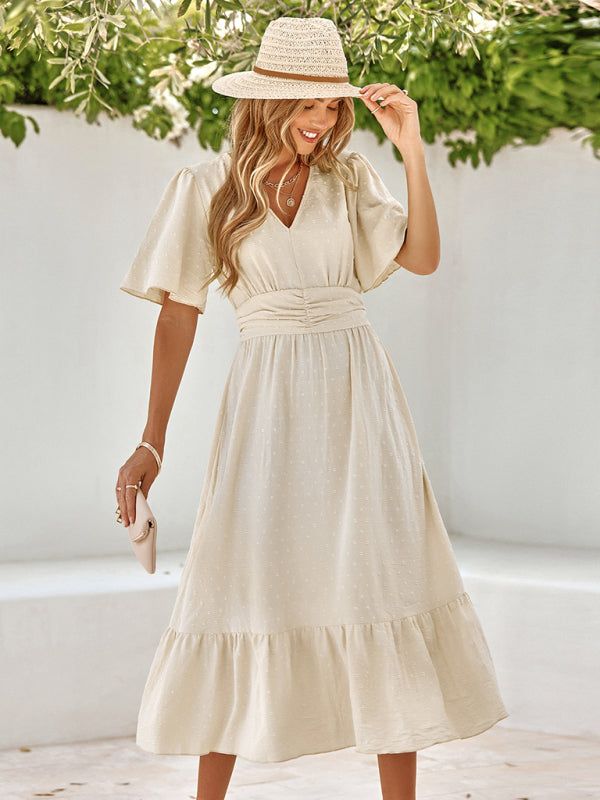V-Neck Ruffle Sleeve Maxi Dress – Lightweight Solid Color Summer Essential