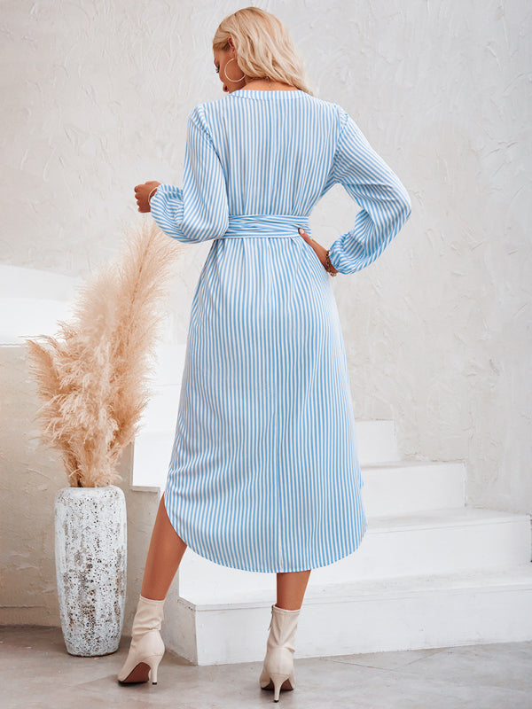 Striped V-Neck Tie-Waist Shirt Dress – Lightweight Woven Spring Style