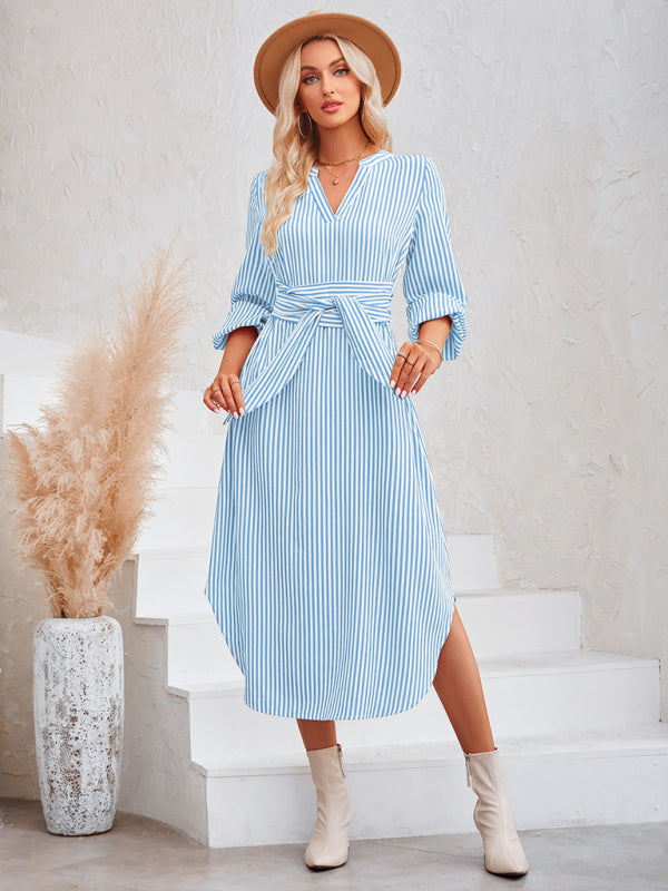 Striped V-Neck Tie-Waist Shirt Dress – Lightweight Woven Spring Style