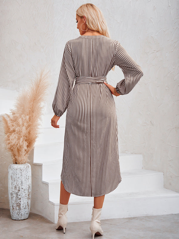 Striped V-Neck Tie-Waist Shirt Dress – Lightweight Woven Spring Style