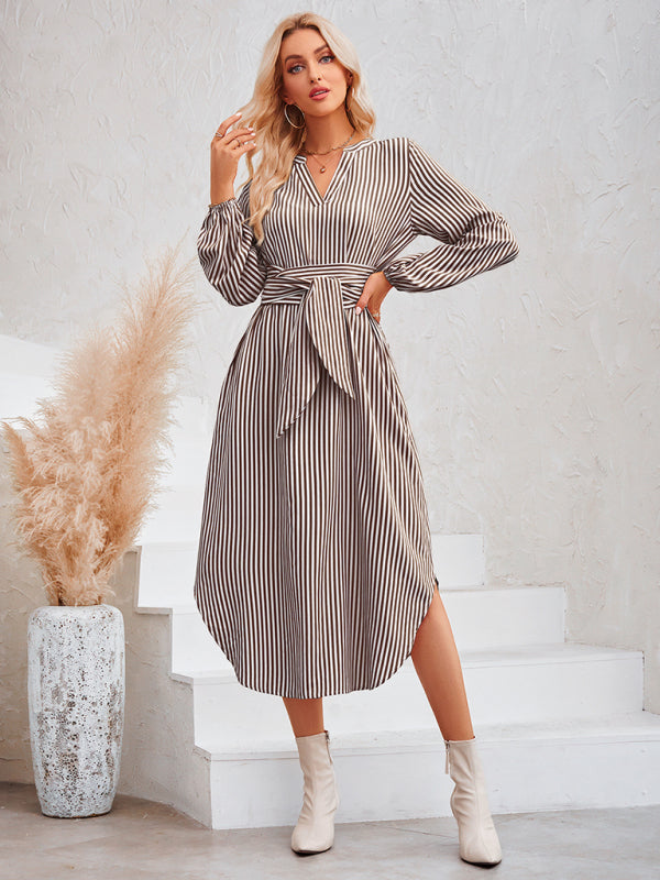 Striped V-Neck Tie-Waist Shirt Dress – Lightweight Woven Spring Style