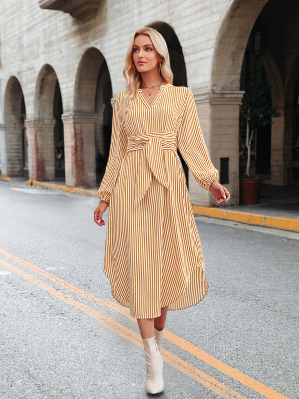 Striped V-Neck Tie-Waist Shirt Dress – Lightweight Woven Spring Style