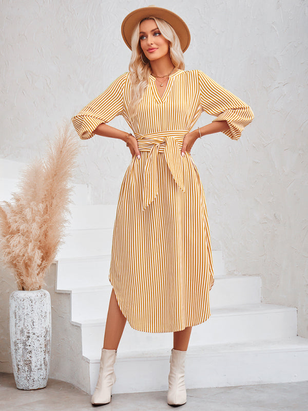 Striped V-Neck Tie-Waist Shirt Dress – Lightweight Woven Spring Style