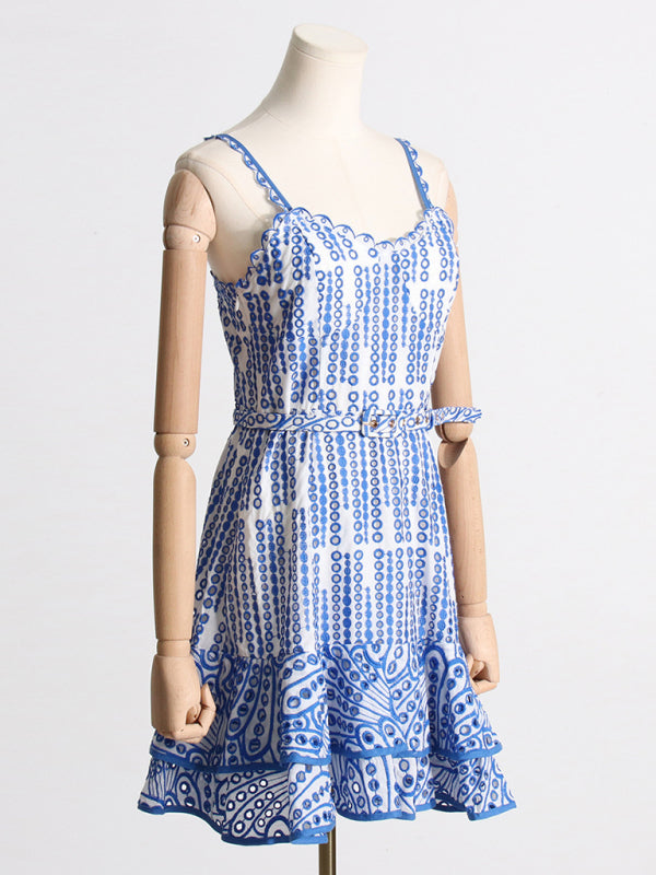 Embroidered Ruffle Suspender Mini Dress – Slim Fit, Romantic Style