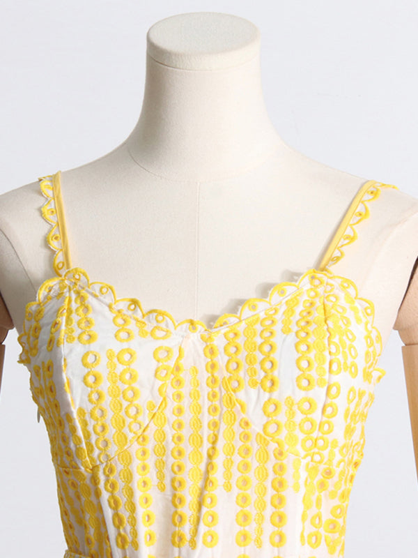 Embroidered Ruffle Suspender Mini Dress – Slim Fit, Romantic Style