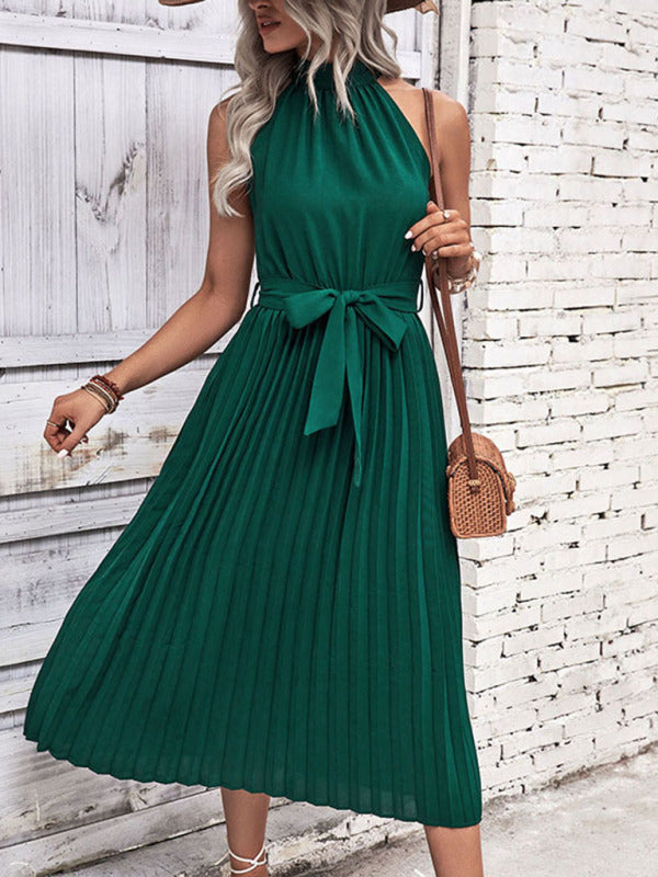 Minimalist Halter Neck Dress – Solid Green, Graceful Fit for Summer Days