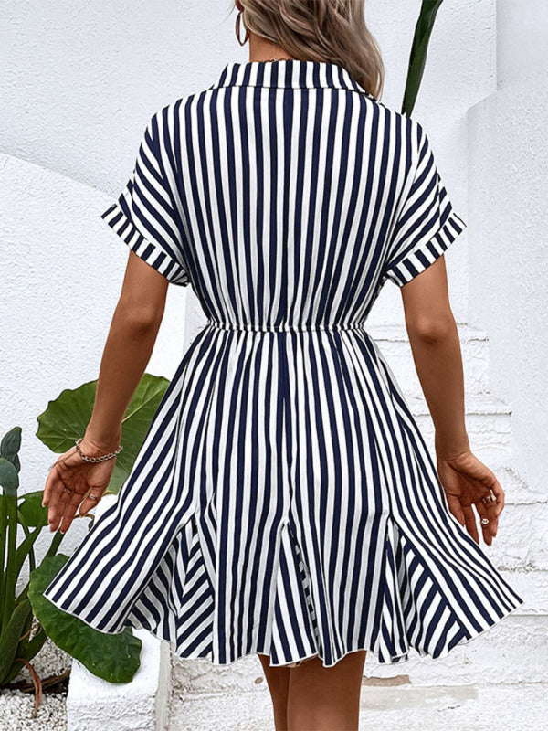 Striped Lapel Shirt Dress – Lightweight Spring-Summer Casual Style