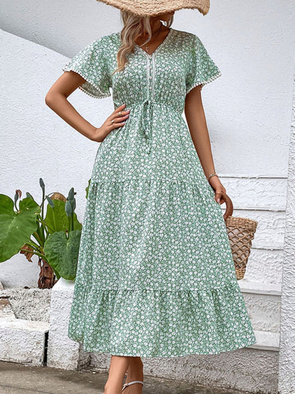 Floral V-Neck Waist-Tie Maxi Dress – Green Woven Polyester, Romantic Fit