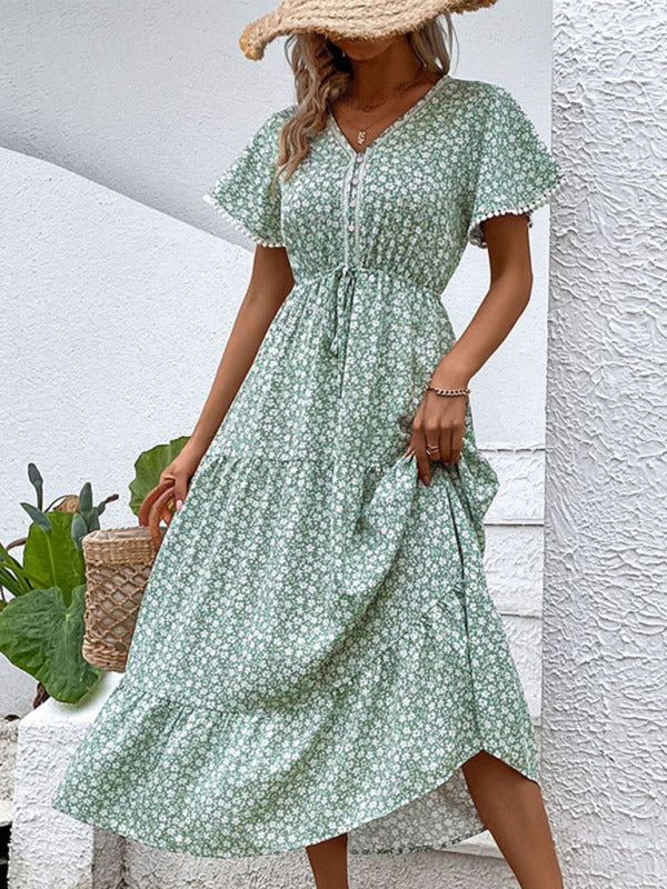 Floral V-Neck Waist-Tie Maxi Dress – Green Woven Polyester, Romantic Fit