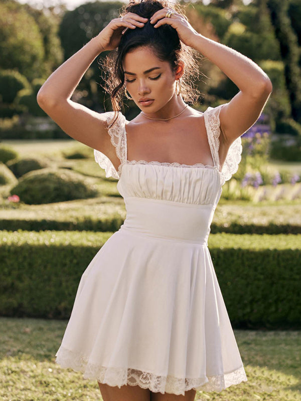 Lace Square Neck Backless Midi Dress – White Boho Slip Dress