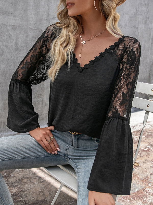 Lace V-Neck Long Sleeve Blouse for Women