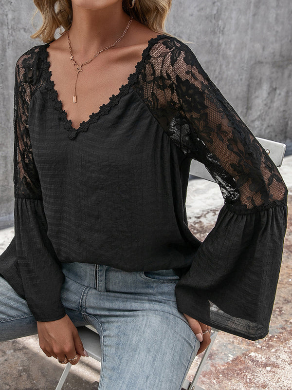 Lace V-Neck Long Sleeve Blouse for Women