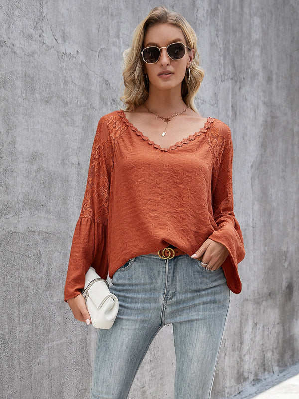 Lace V-Neck Long Sleeve Blouse for Women