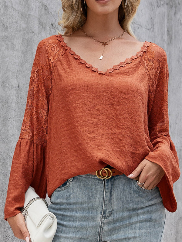 Lace V-Neck Long Sleeve Blouse for Women