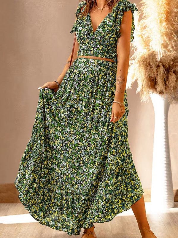 Floral V-Neck Short Sleeve Slim Fit Summer Dress Green