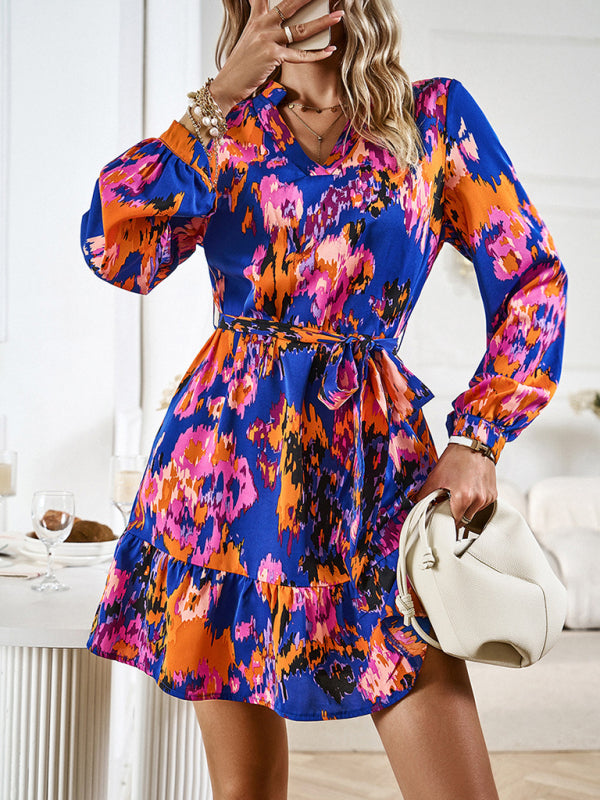 Elegant V-Neck Midi Dress with Adjustable Belt – Printed Spring Summer Style