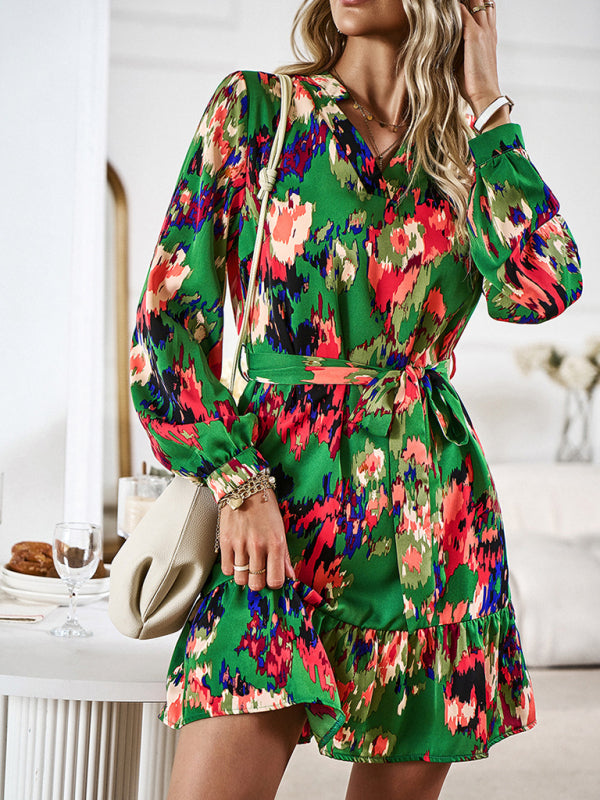 Elegant V-Neck Midi Dress with Adjustable Belt – Printed Spring Summer Style