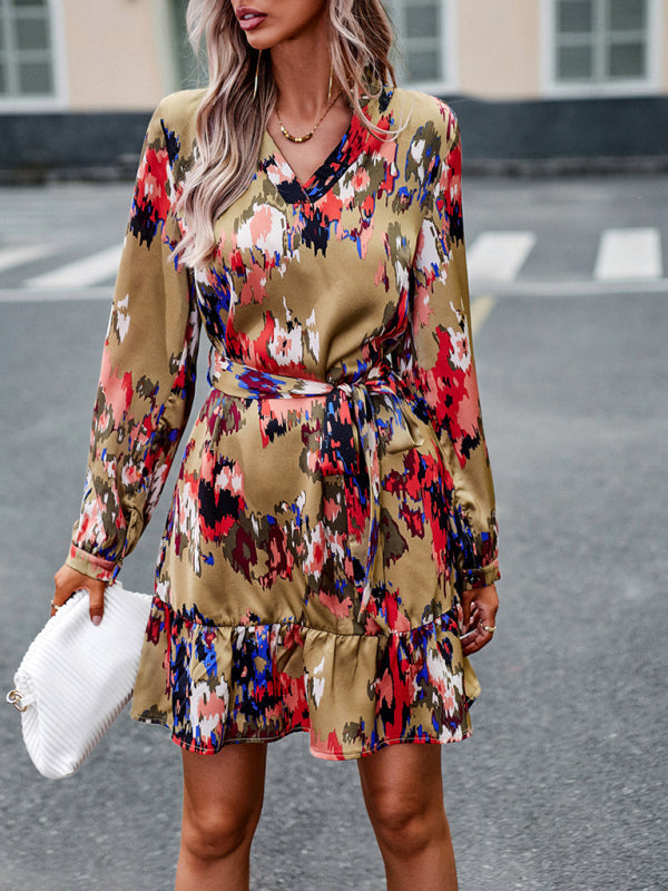 Elegant V-Neck Midi Dress with Adjustable Belt – Printed Spring Summer Style