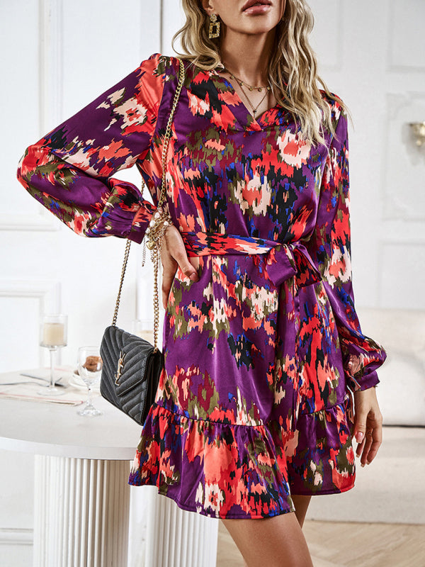 Elegant V-Neck Midi Dress with Adjustable Belt – Printed Spring Summer Style