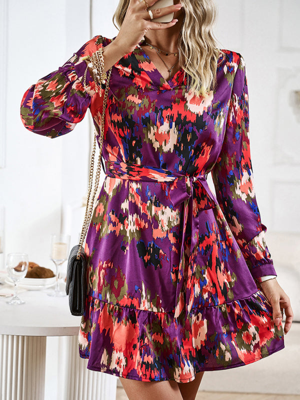 Elegant V-Neck Midi Dress with Adjustable Belt – Printed Spring Summer Style