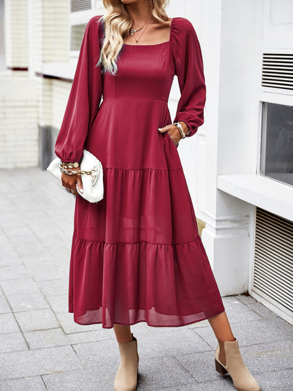 Graceful Multi-Layer Long Skirt with Square Neckline – Spring Elegance