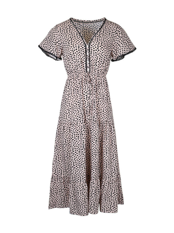 Cracker Khaki V-Neck Printed Midi Dress – Lightweight Woven Grace Style