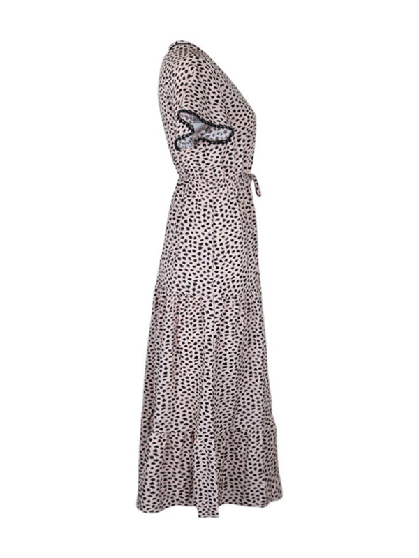 Cracker Khaki V-Neck Printed Midi Dress – Lightweight Woven Grace Style