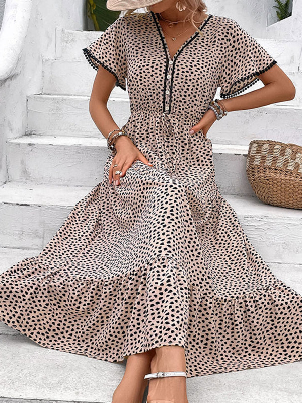 Cracker Khaki V-Neck Printed Midi Dress – Lightweight Woven Grace Style