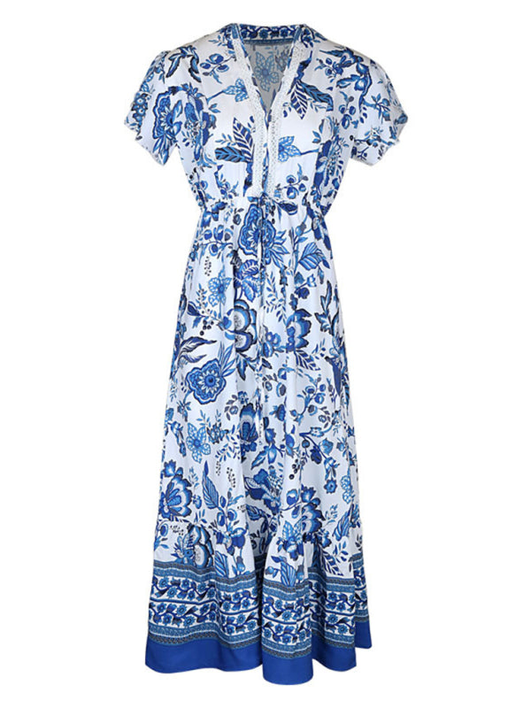 Blue Printed Slim Dress – Spring Summer Graceful Fit, Woven Fabric