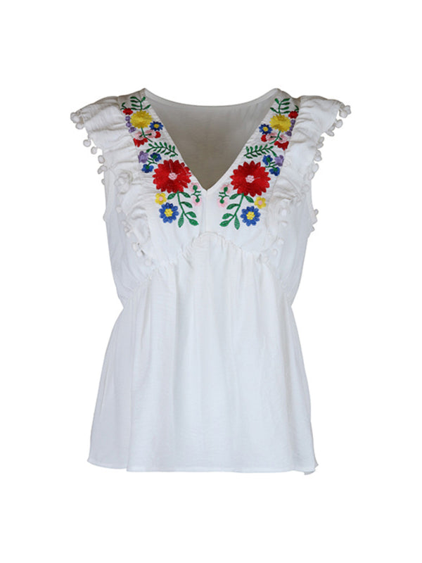Women's White Sleeveless Embroidered Blouse