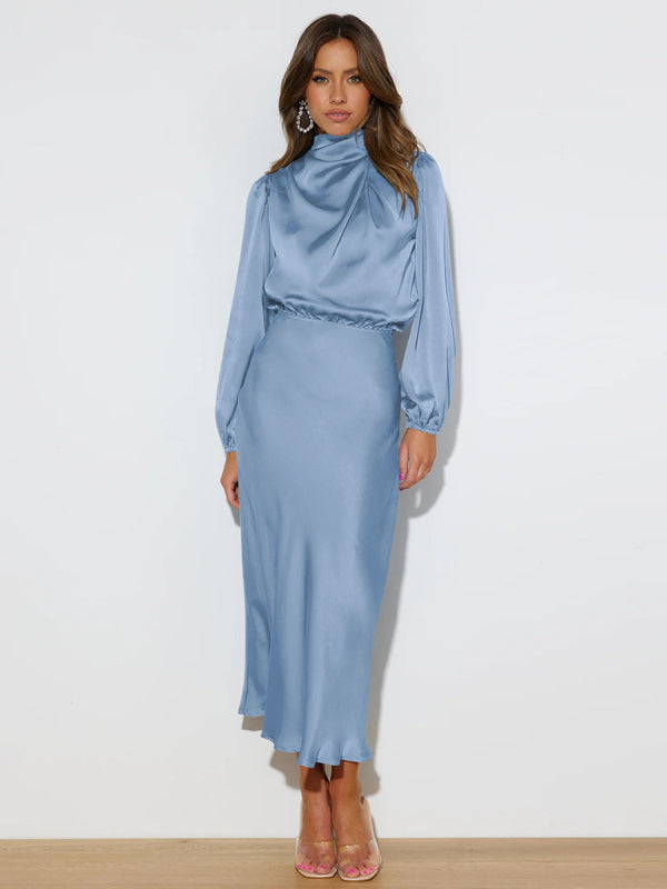 Satin Long Sleeve Loose Dress – Graceful Fit, Dropped Shoulder, Spring Ready
