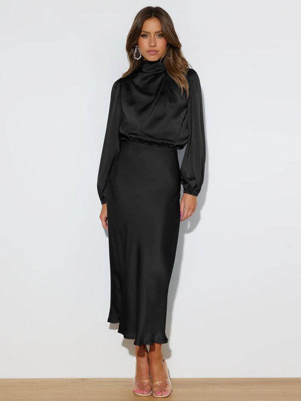Satin Long Sleeve Loose Dress – Graceful Fit, Dropped Shoulder, Spring Ready