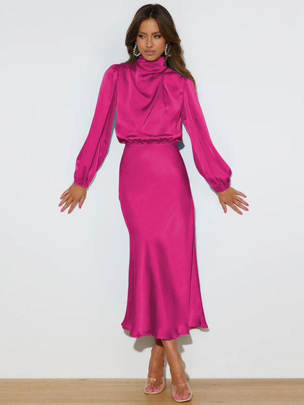 Satin Long Sleeve Loose Dress – Graceful Fit, Dropped Shoulder, Spring Ready