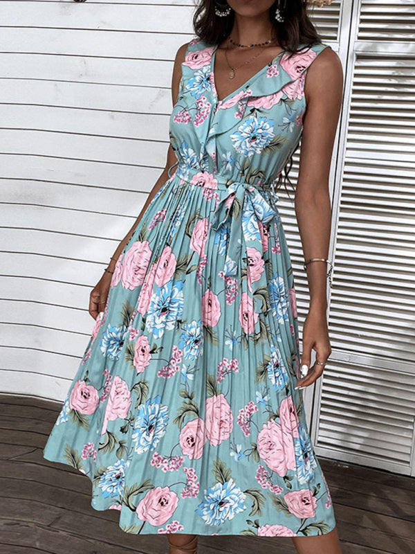 Blue Floral Ruffle Sling Beach Dress – Romantic Spring-Summer Maxi