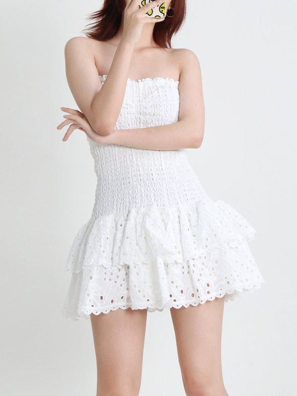 Strapless Ruffle Hem Embroidered Short Dress – Romantic Summer Style